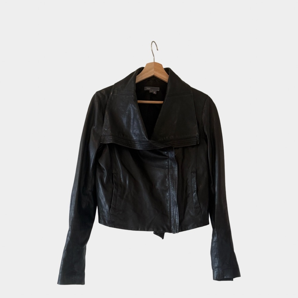Vince Black Leather Asymmetrical Zip Jacket